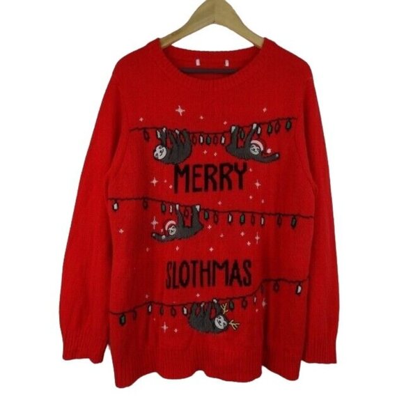 Merry Slothmas Christmas Sweater Size XL Red Sloth Ugly Christmas Sweater Top - Picture 1 of 7